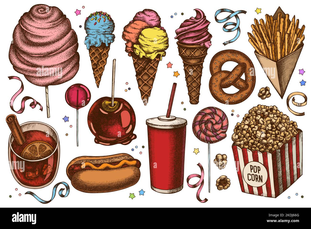 Collection d'illustrations vectorielles dessinées à la main de Carnival Food. Frites colorées, bretzel, pop-corn, limonade, hot dog, vin chaud, pomme caramel Illustration de Vecteur