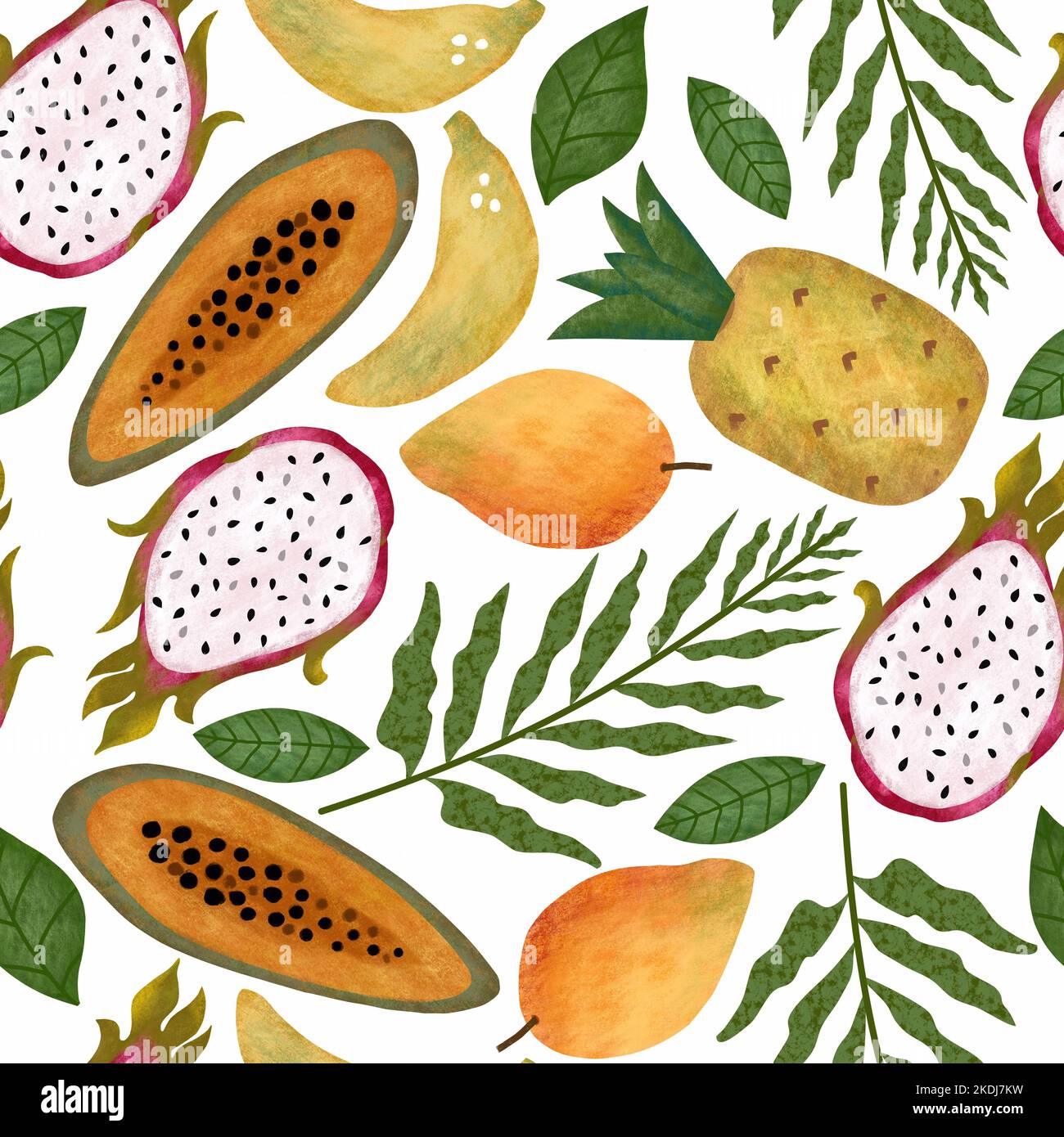 Fruits tropicaux sans coutures avec mangue texturée, bananes, ananas, pitahaya, feuilles vertes et branches de palmier multicolores. Fruits exotiques. Banque D'Images