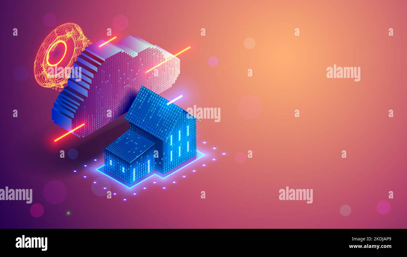 Bannière concept de système de technologie Smart Home. La maison se compose de chiffres et est connectée à des appareils domestiques intelligents par le biais du stockage dans le cloud. Commande numérique Illustration de Vecteur