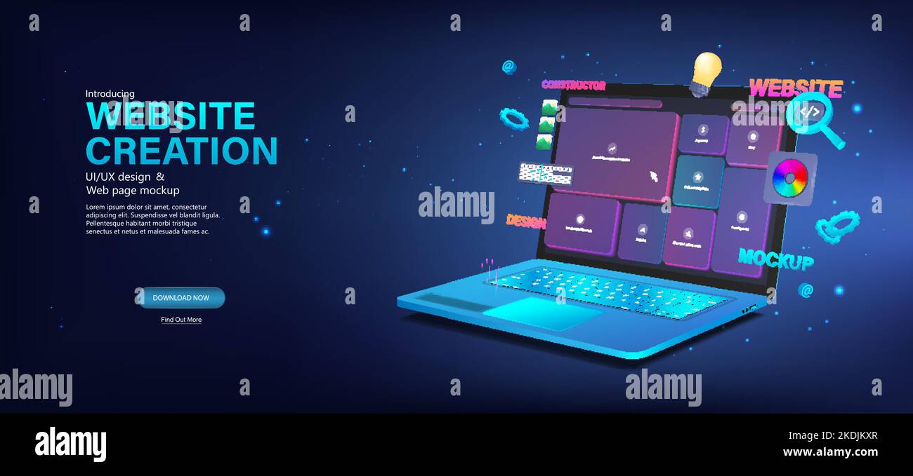 Bannière développement de site Web avec ordinateur portable et modèle de page Web Illustration de Vecteur