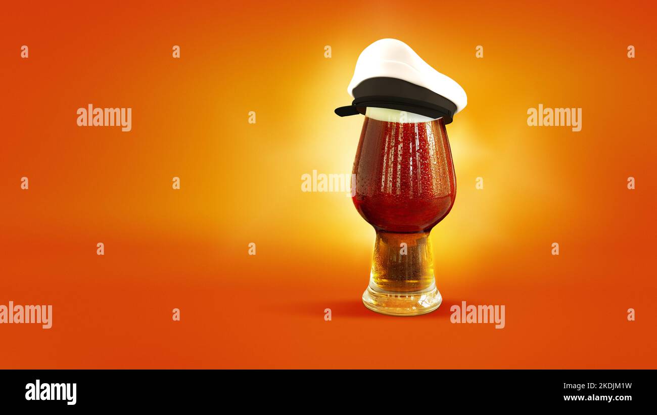 Marin. Plein verre de bière brune mousseuse portant un chapeau de marin isolé sur fond orange dégradé dans la lumière du néon. Concept de l'alcool, des emplois, des boissons Banque D'Images