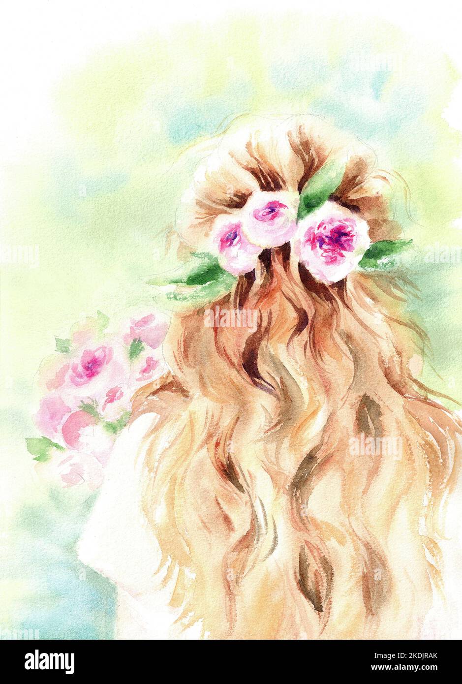 Portrait d'une fille en couleur d'eau dessinés à la main, avec des fleurs dans ses cheveux, debout dans un pré avec un bouquet de roses. Une illustration romantique et délicate. Banque D'Images