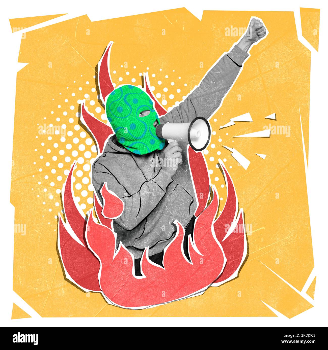 Collage d'art contemporain. Homme en balaclava criant de façon expressive en mégaphone sur une flamme brûlante. Mouvement social Banque D'Images