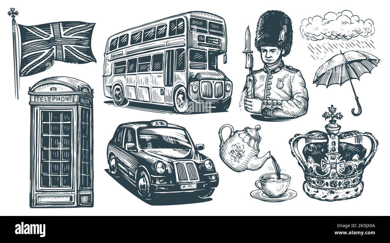 Concept du Royaume-Uni. Angleterre, Londres. Collection d'illustrations dessinées à la main dans un style d'esquisse de gravure vintage Illustration de Vecteur
