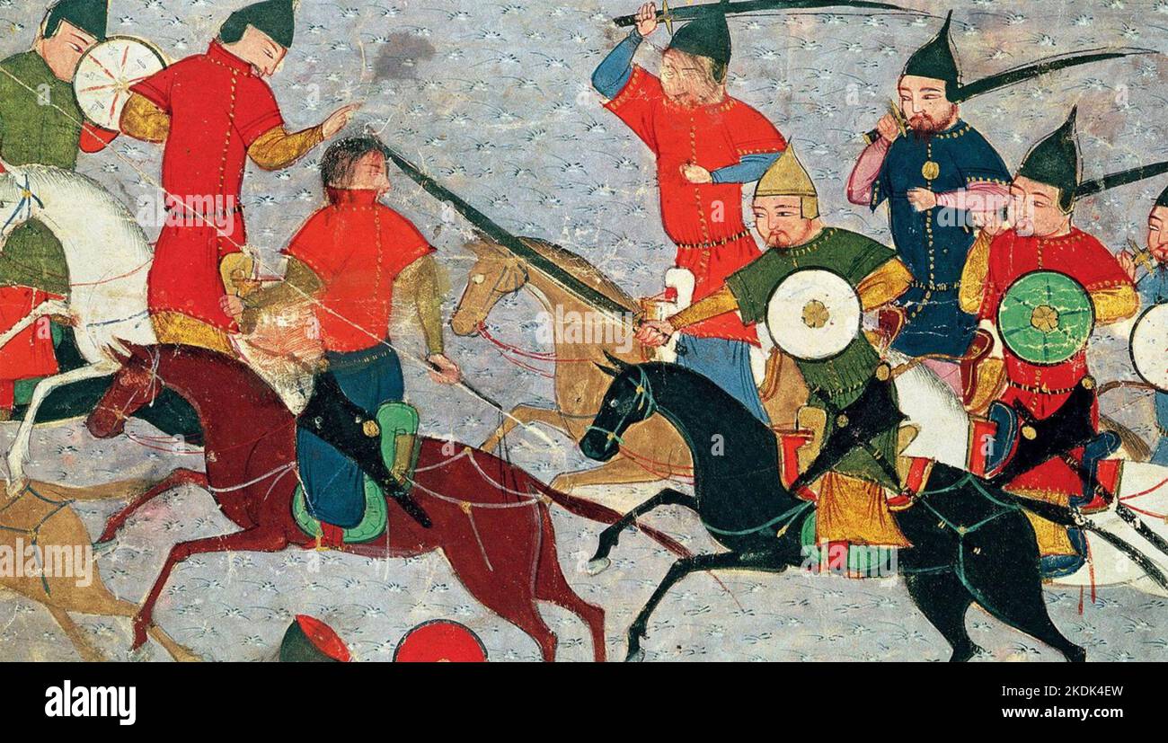 MONGOLS à gauche dirigé par Gengis Khan dans une bataille avec la cavalerie chinoise d'un manuscrit de 1211 Banque D'Images