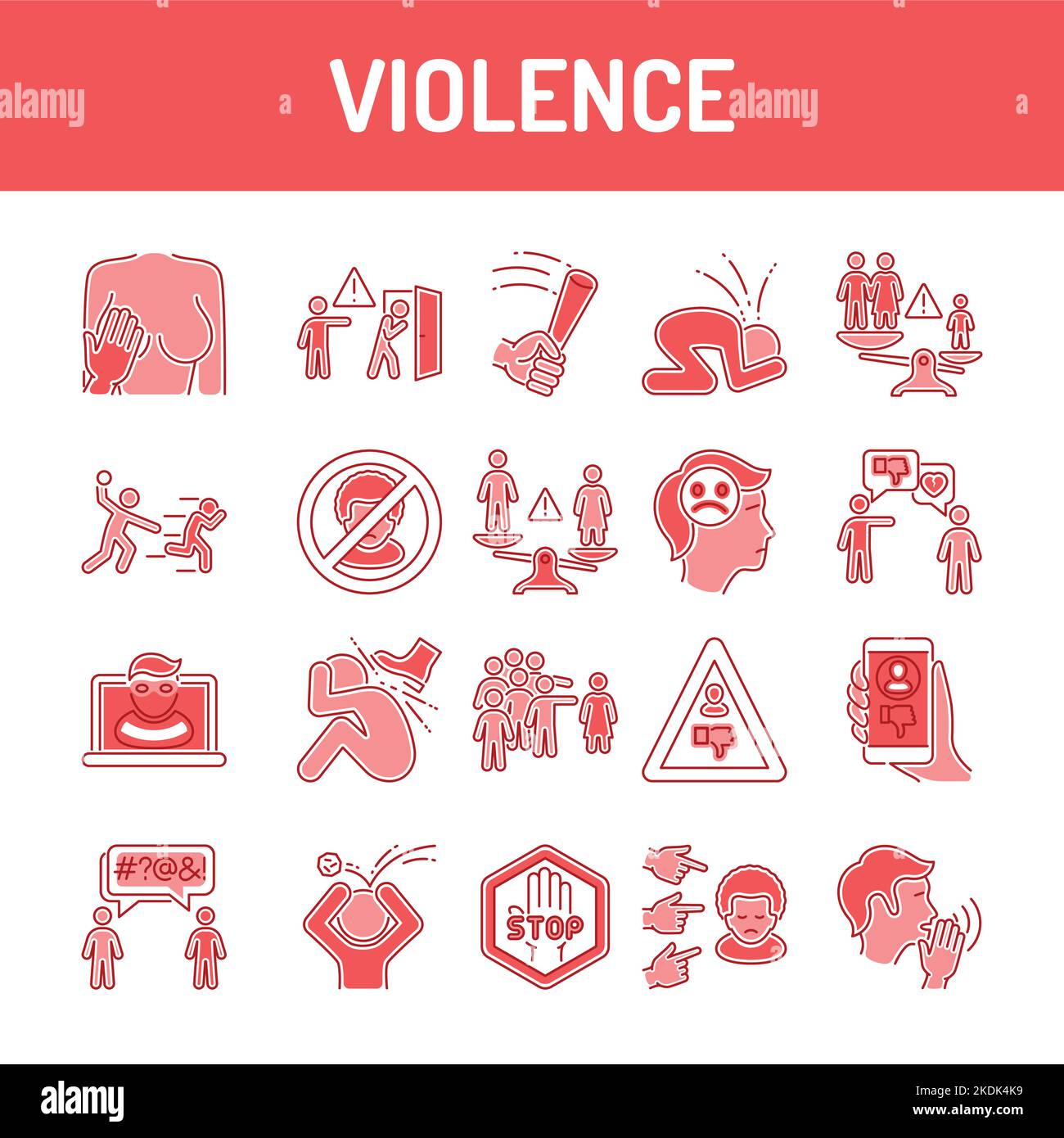 Jeu d'icônes de ligne de couleur de violence. Harcèlement, abus social et intimidation. Illustration de Vecteur
