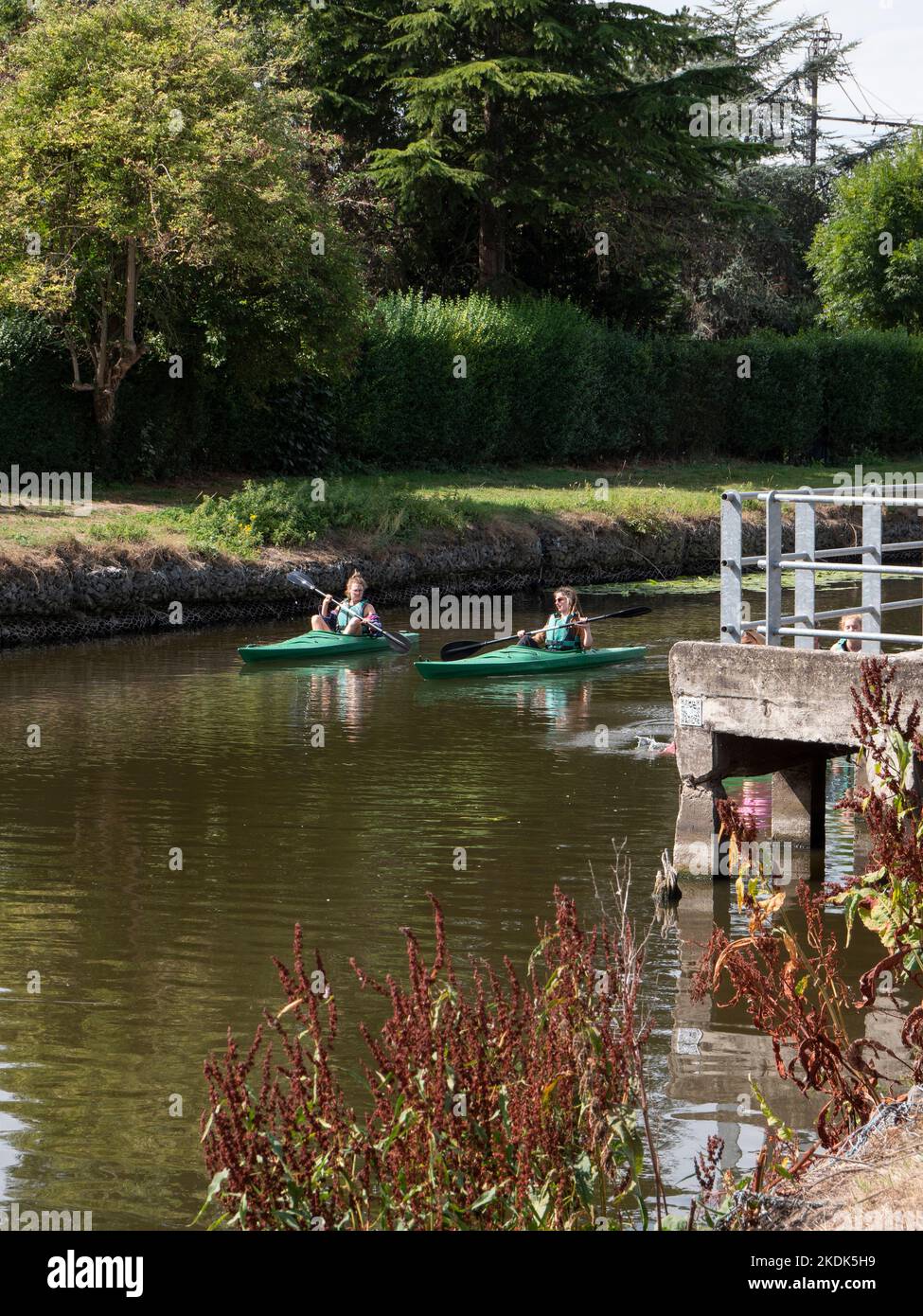 Lokeren, Belgique, 27 août 2022, deux filles naviguent dans des canoës verts sur la rivière Durme à Lokeren Banque D'Images