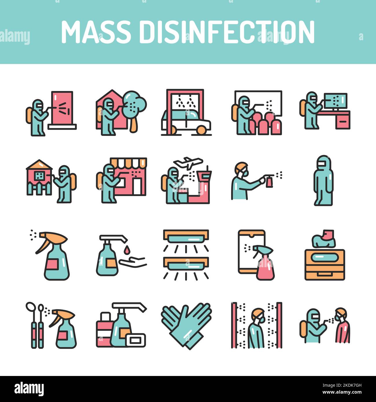 Jeu d'icônes de ligne de couleur de désinfection de masse. Elément vectoriel isolé. Illustration de Vecteur