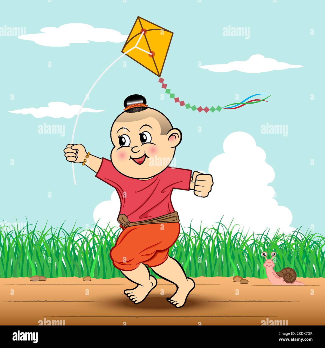 Illustration vectorielle les enfants thaïlandais traditionnels volent cerf-volant l'enfant faisait du jogging sur une route de terre rurale, avec le ciel, les nuages et les prairies dans le Illustration de Vecteur