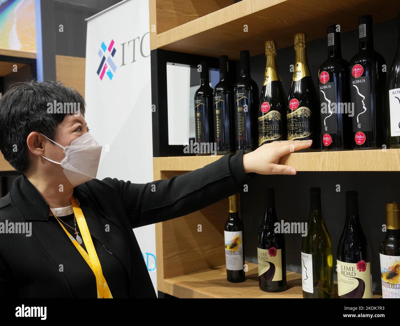 (221107) -- SHANGHAI, le 7 novembre 2022 (Xinhua) -- cette photo prise le 7 novembre 2022 montre du vin rouge d'Afrique du Sud exposé dans la zone d'exposition des produits alimentaires et agricoles de la cinquième China International Import Expo (CIIE) dans l'est de la Chine à Shanghai. (Xinhua/Liu Ying) Banque D'Images