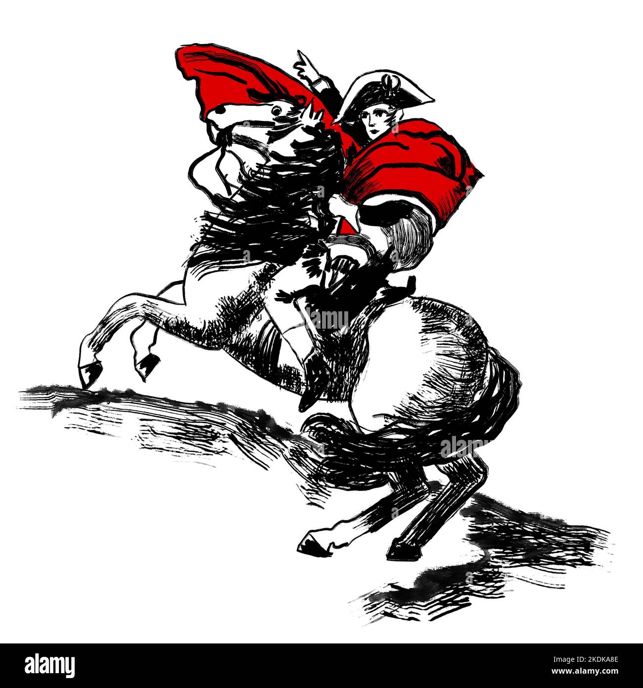 Napoléon traversant les alpes, empereur bonaparte français à cheval, croquis de david. Illustration d'esquisse à l'encre noire blanche, dessin minimaliste avec traits de pinceau simples Banque D'Images