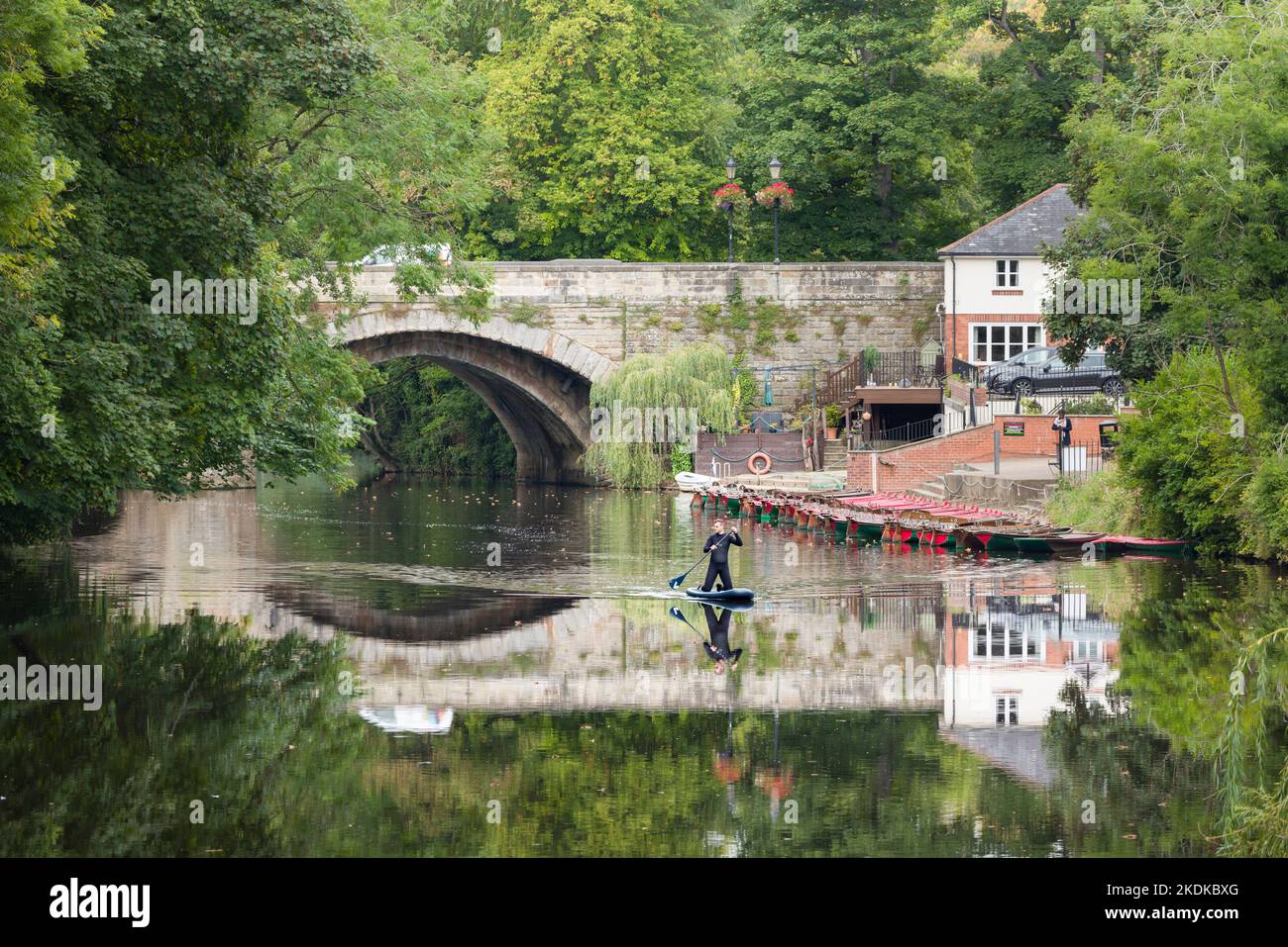 KNARESBOROUGH, Royaume-Uni - 20 septembre 2022. Homme en combinaison agenouillée sur une planche à aubes sur la rivière Nidd, Knaresborough, North Yorkshire, Royaume-Uni Banque D'Images