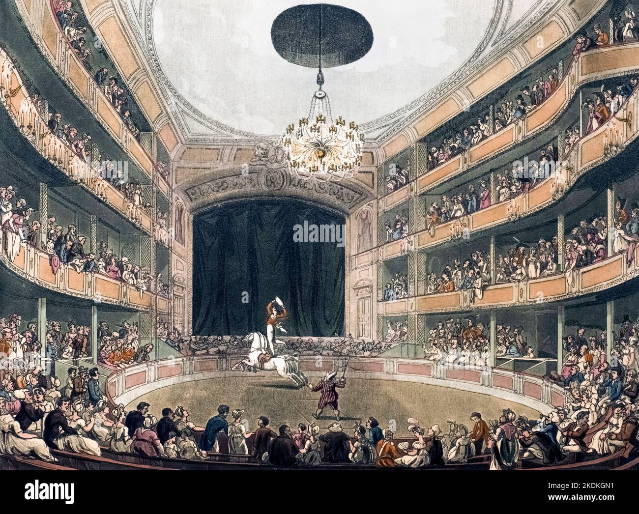Amphithéâtre d'Astley. Vers 1808. Après un travail d'August Pugin et Thomas Rowlandson dans le microcosme de Londres, publié en trois volumes entre 1808 et 1810 par Rudolph Ackermann. Pugin était l'artiste responsable des éléments architecturaux des images microcosmes; Thomas Rowlandson a été embauché pour ajouter les figures humaines animées. Banque D'Images