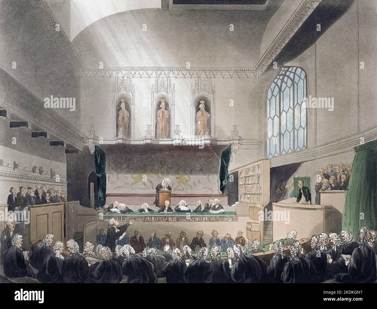 Cour de Kings Bench, Westminster Hall. Vers 1808. Après un travail d'August Pugin et Thomas Rowlandson dans le microcosme de Londres, publié en trois volumes entre 1808 et 1810 par Rudolph Ackermann. Pugin était l'artiste responsable des éléments architecturaux des images microcosmes; Thomas Rowlandson a été embauché pour ajouter les figures humaines animées. Banque D'Images