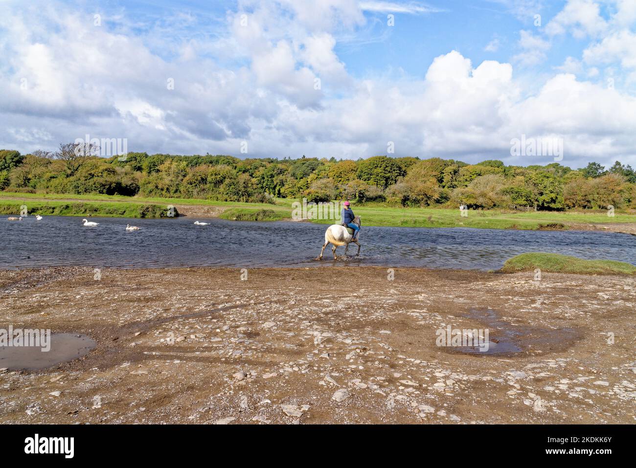 Les cavaliers traversant la rivière Ewenny Ogmore Castle. Ogmore by Sea, Glamourgan, pays de Galles, Royaume-Uni - 15th octobre 2022 Banque D'Images