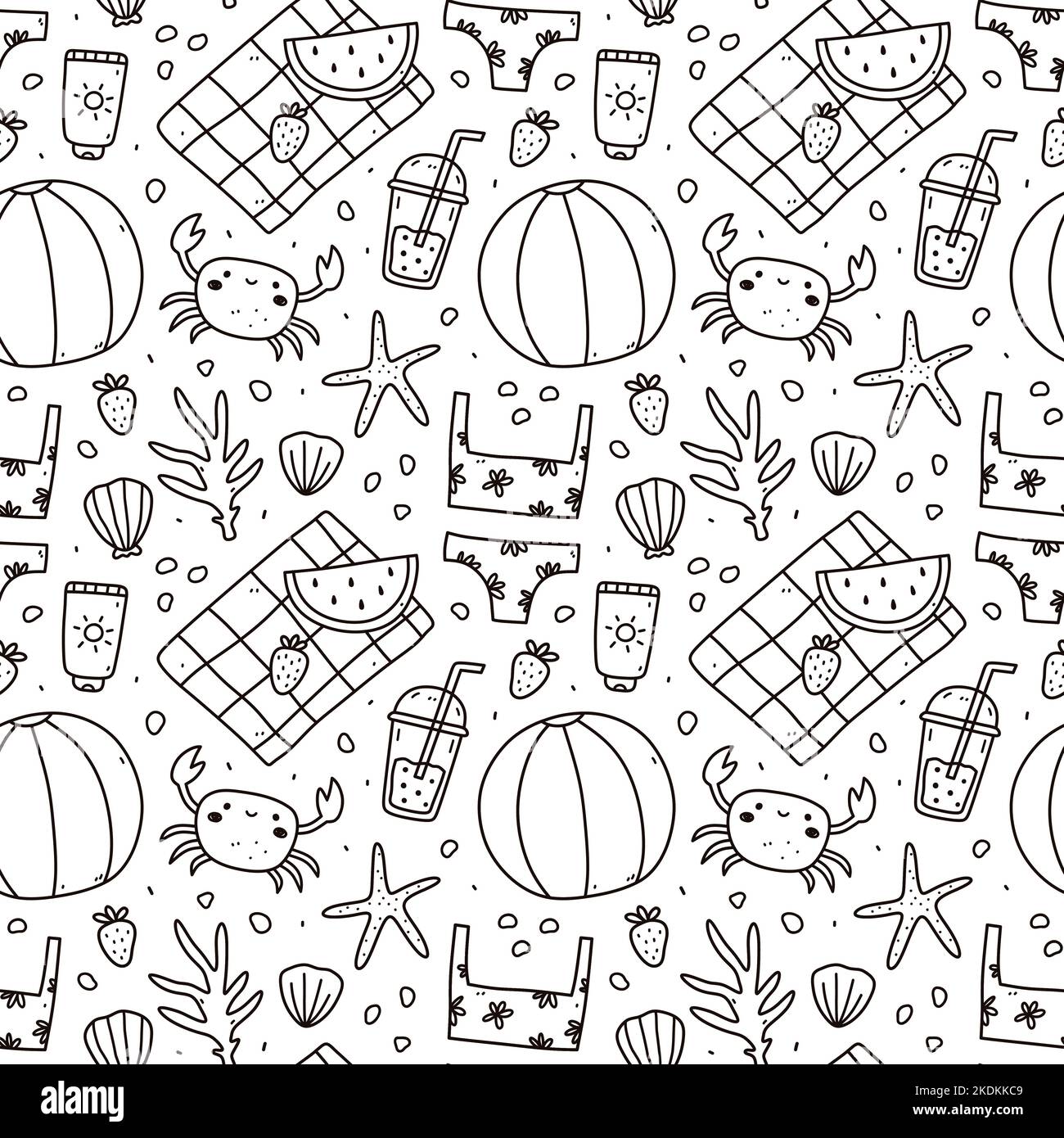 Joli motif sans coutures avec des gribouillages d'été : ballon de plage, bikini, crème solaire, fruits, crabes, coraux, étoiles de mer et coquillages. Illustration de Vecteur