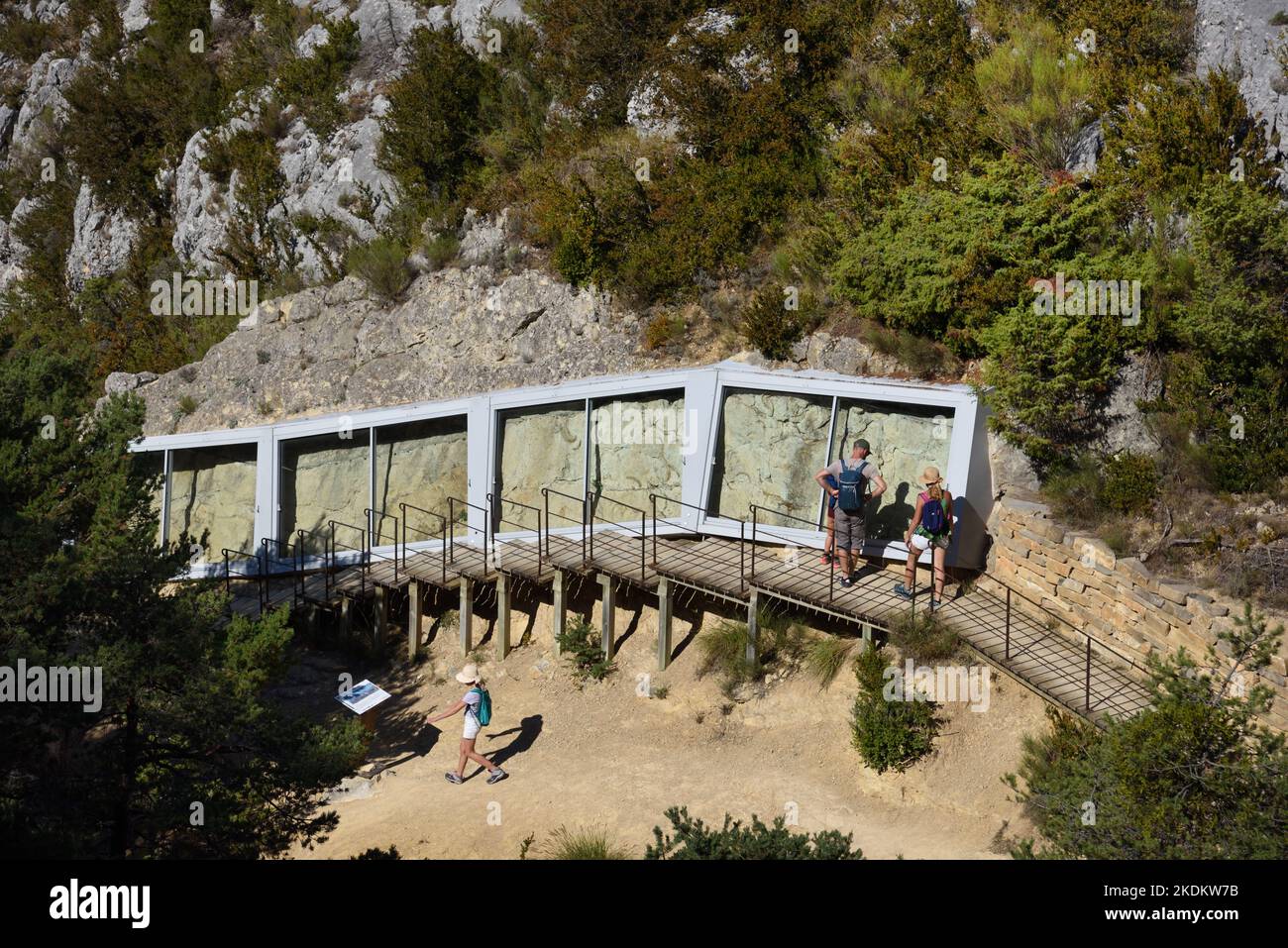 Les touristes en famille visitent le site protégé de sirenia préhistorique fossilisé, ou les vaches de mer, ancêtres des dugong et des lamantins dans la vallée de Sirenia Provence France Banque D'Images