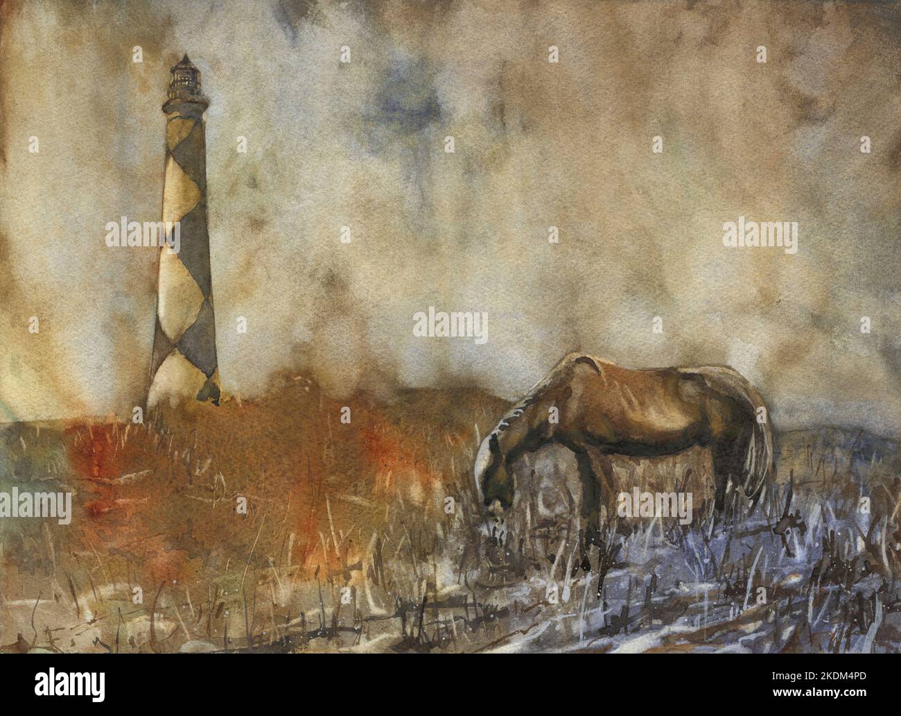 Phare de Cape Lookout et cheval de pâturage dans les rives extérieures, Caroline du Nord. Art OBX peinture côtière art maison de plage Banque D'Images