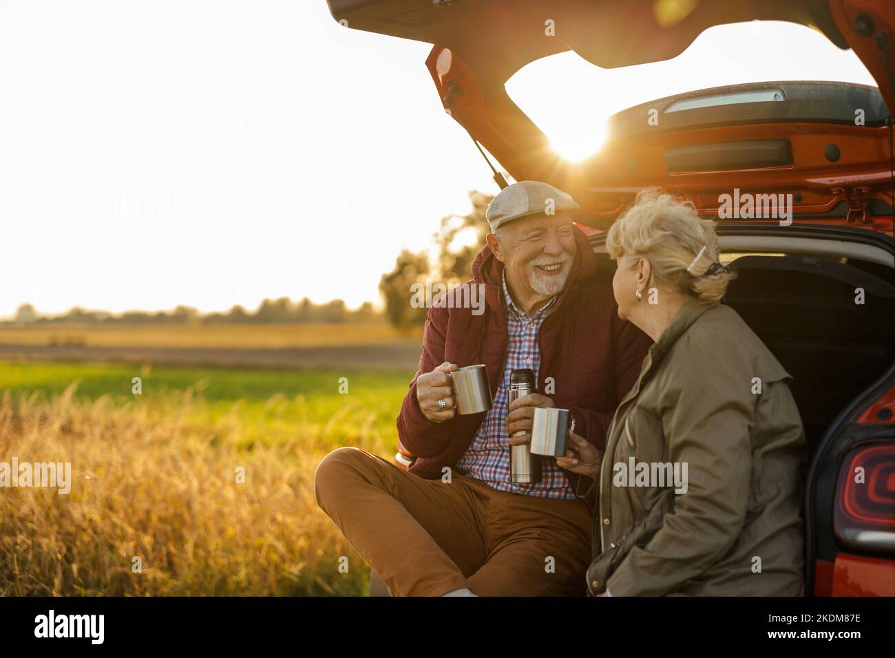 Heureux couple senior assis dans le coffre ouvert en voiture dans la nature Banque D'Images