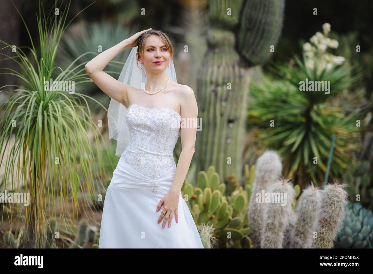Mariée debout dans un jardin de Cactus Banque D'Images