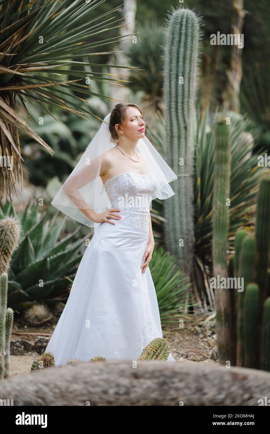 Mariée marchant dans le jardin de Cactus Banque D'Images