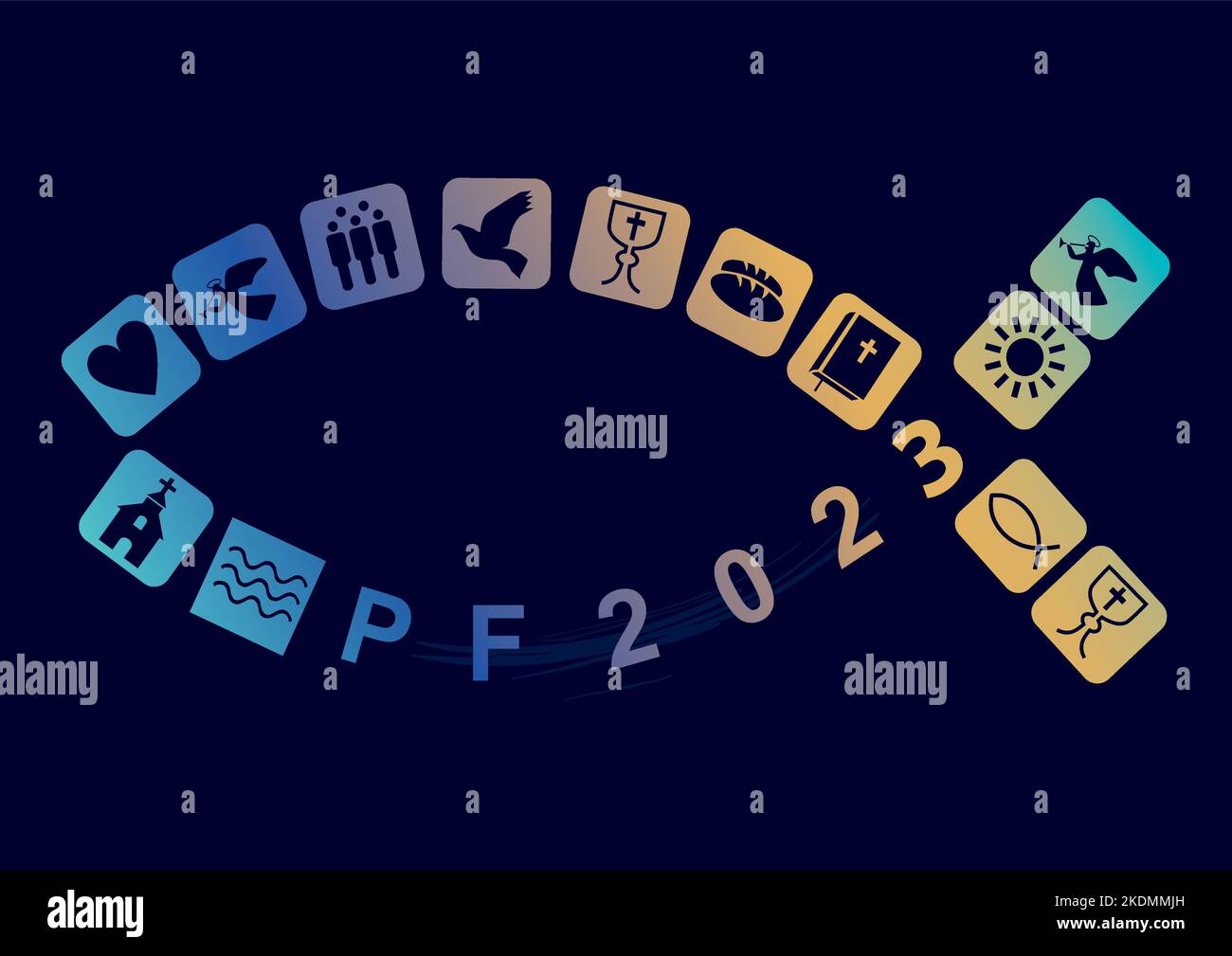 Symbole de Jésus, bonne année avec des symboles chrétiens. Carte PF New Year 2023 avec poissons et icônes chrétiennes stylisées colorées sur fond bleu foncé. Illustration de Vecteur