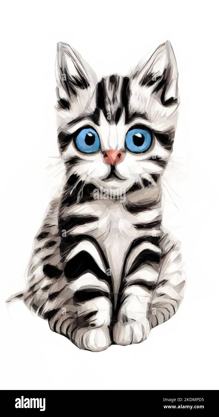 Shorthair chat bébé. Bébé chat avec félin noir et blanc. Grands yeux bleus. Vecteur chaton en poly faible Art Illustration de Vecteur