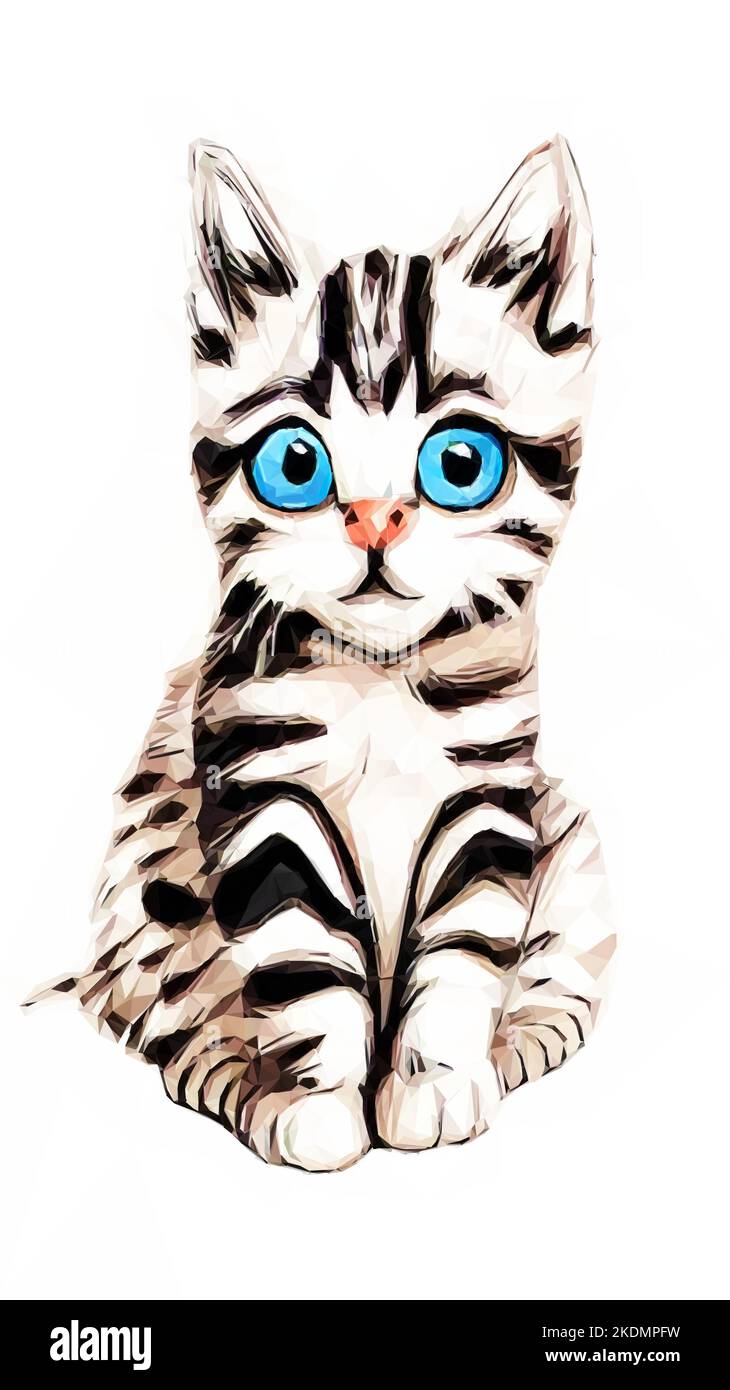 Shorthair chat bébé. Bébé chat avec félin noir et blanc. Grands yeux bleus. Dessin animé vectoriel de chaton en Low Poly Art Illustration de Vecteur