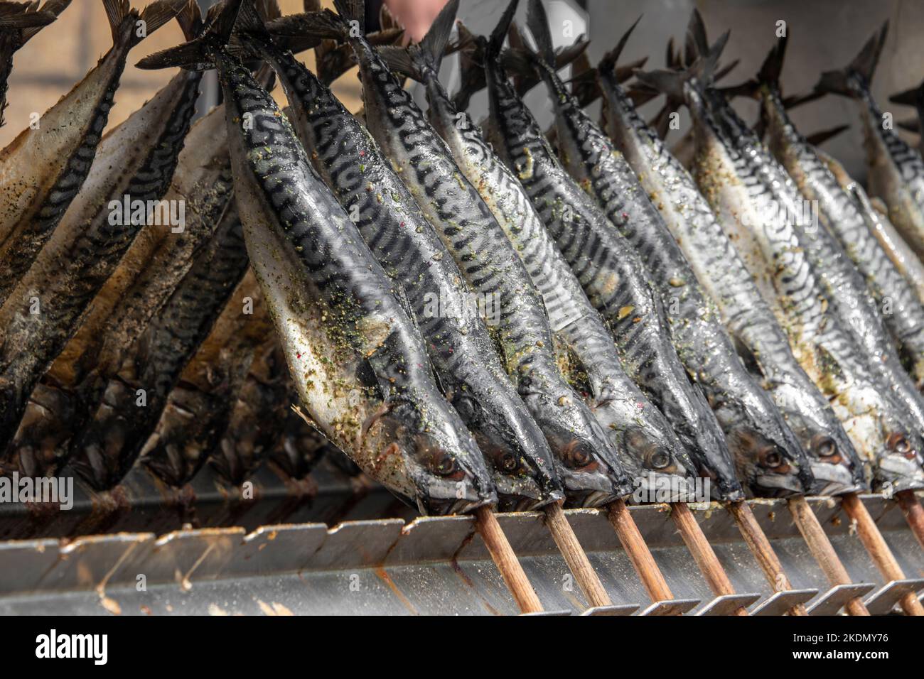 Préparation de maquereaux frais fumés dans un restaurant de poissons à servir Banque D'Images