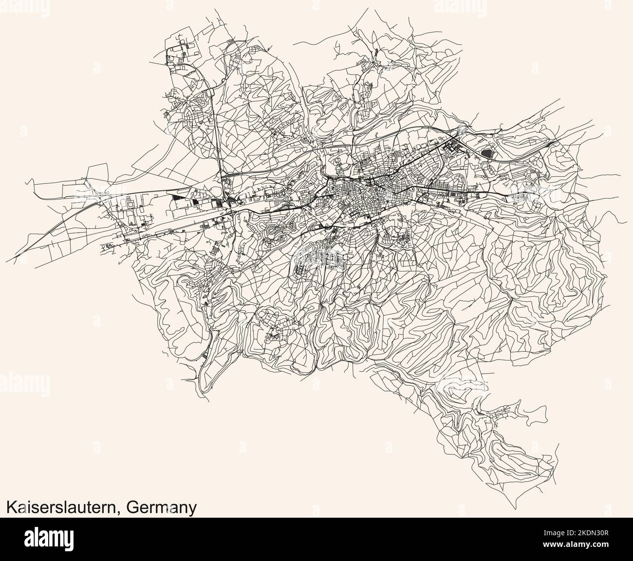 Navigation détaillée lignes noires rues urbaines carte de la capitale régionale allemande de KAISERSLAUTERN, ALLEMAGNE sur fond beige vintage Illustration de Vecteur