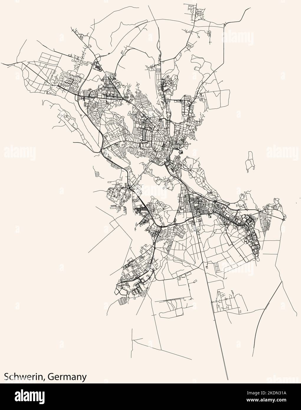 Navigation détaillée lignes noires rues urbaines carte de la capitale régionale allemande SCHWERIN, ALLEMAGNE sur fond beige vintage Illustration de Vecteur