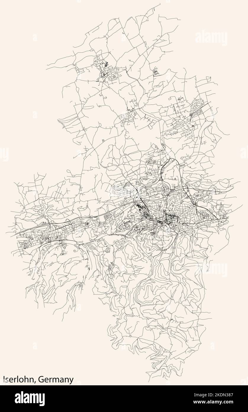Navigation détaillée lignes noires rues urbaines carte de la capitale régionale allemande ISERLOHN, ALLEMAGNE sur fond beige vintage Illustration de Vecteur