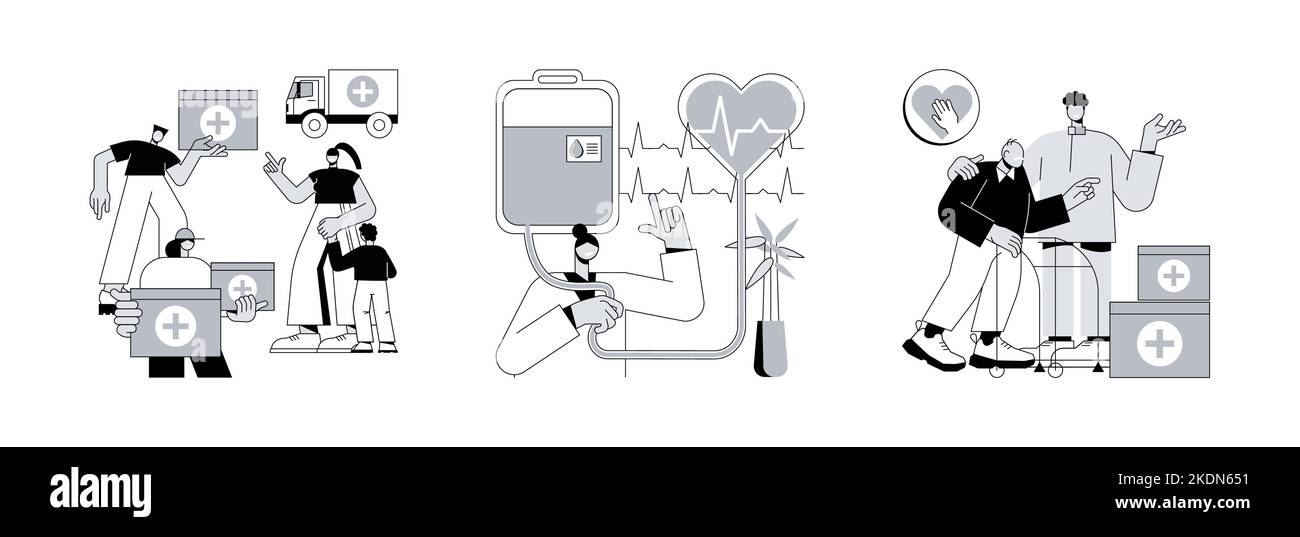 Jeu d'illustrations vectorielles abstraites de l'aide communautaire. Aide humanitaire, don de sang, soutien au bénévolat, centre de transfusion, banque de sang, aide à la santé, métaphore abstraite à but non lucratif. Illustration de Vecteur