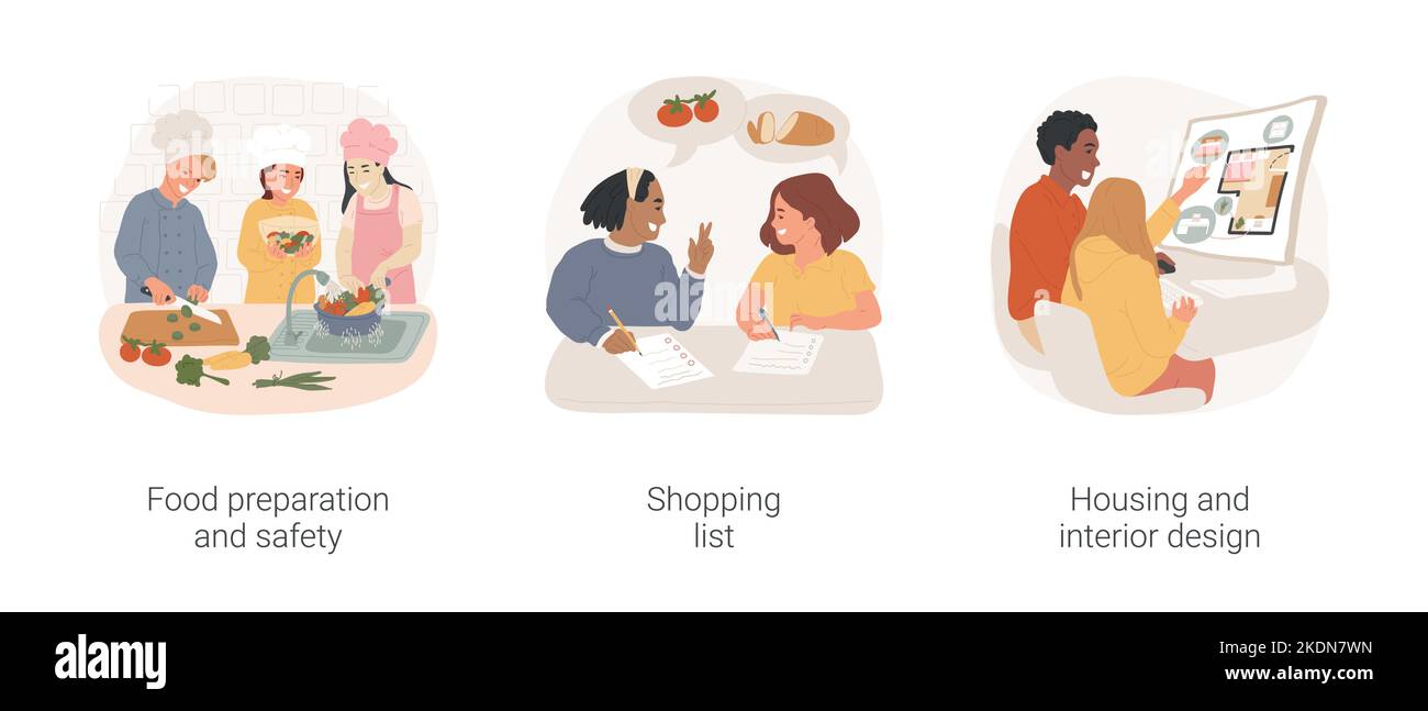 Home leçons d'économie scénario de dessin animé isolé ensemble d'illustrations. Science domestique pour les enfants, cours de gestion de la vie, préparation de nourriture, créer une liste d'achats, dessin animé vecteur de design d'intérieur. Illustration de Vecteur