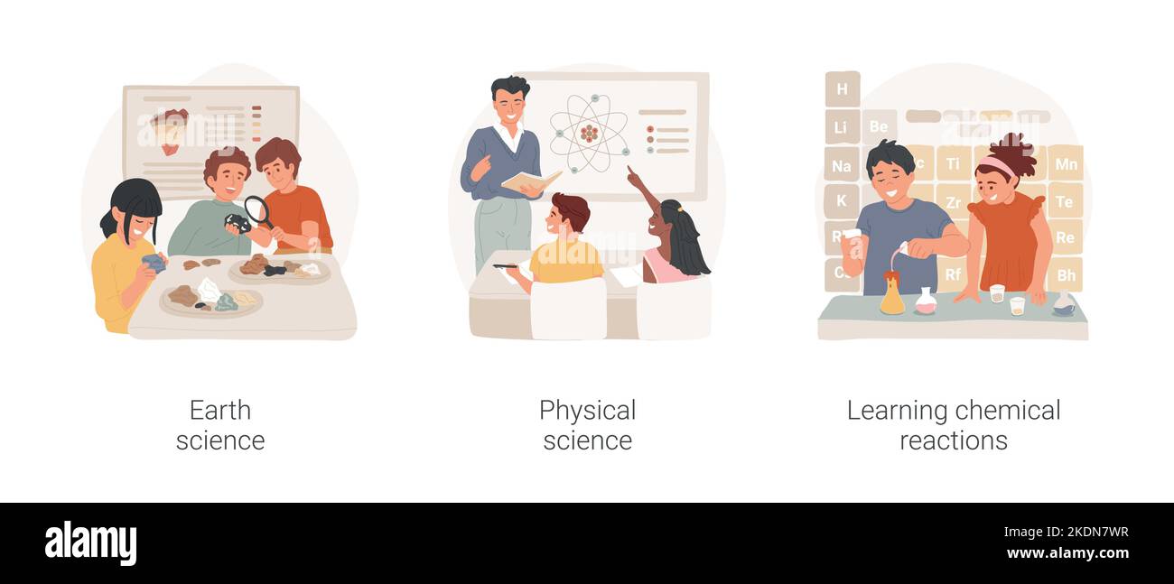 Science école moyenne programme isolé caricature vecteur jeu d'illustration. Sciences de la terre, leçon de géologie, étude de la physique à l'école, apprentissage des réactions chimiques, dessin animé de vecteur de classe de chimie. Illustration de Vecteur