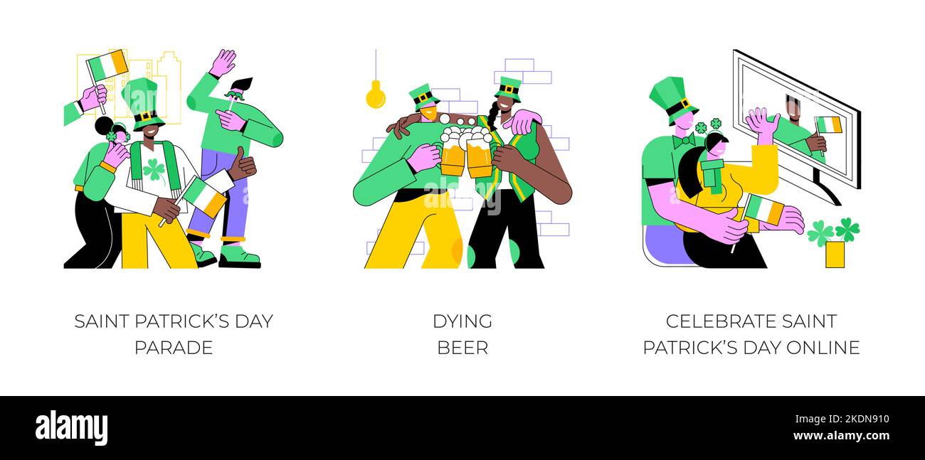 Ensemble d'illustrations vectorielles isolées de Saint Patrick Day. Groupe de personnes heureuses à la parade, portant des costumes amusants, vacances irlandaises, mourir de bière ou d'eau en vert, célébrer le dessin animé vectoriel en ligne. Illustration de Vecteur