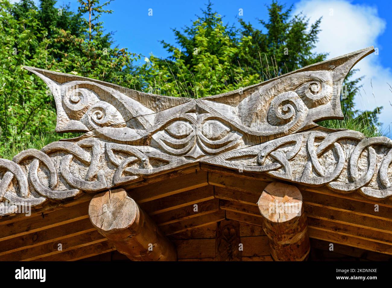 Sculptures en bois sur le toit de la cabane en rondins de Dunnet Community Forest, Caithness, Écosse, Royaume-Uni Banque D'Images