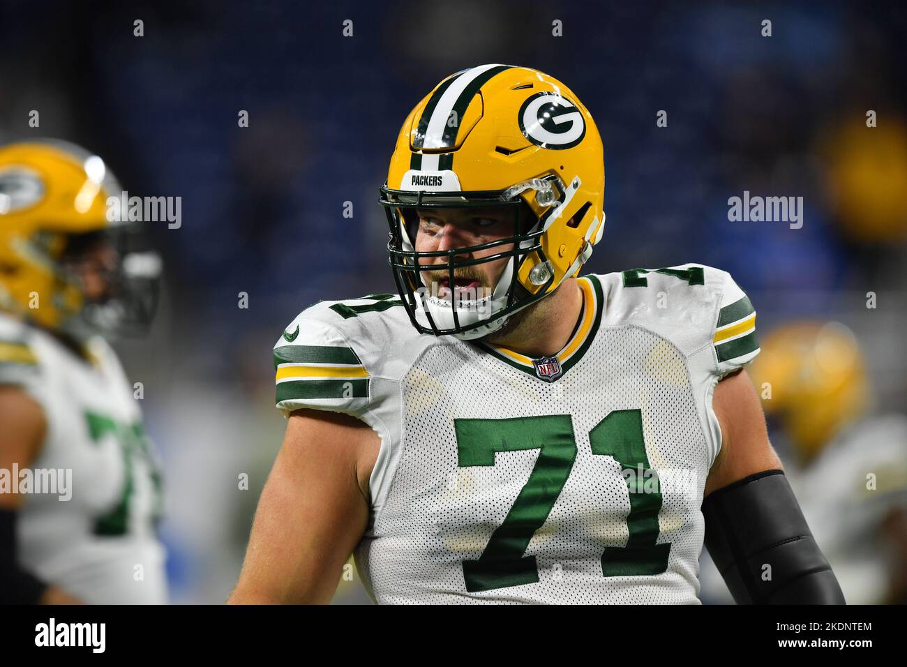 DETROIT, MI - NOVEMBRE 06 : Green Bay Packers C Josh Myers (71) avant le match entre Green Bay Packers et les Lions de Détroit sur 6 novembre 2022 à Detroit, MI (photo d'Allan Dranberg/CSM/Sipa USA)(image de crédit : © Allan Dranberg/CSM/Cal Sport Media/Sipa USA) Banque D'Images