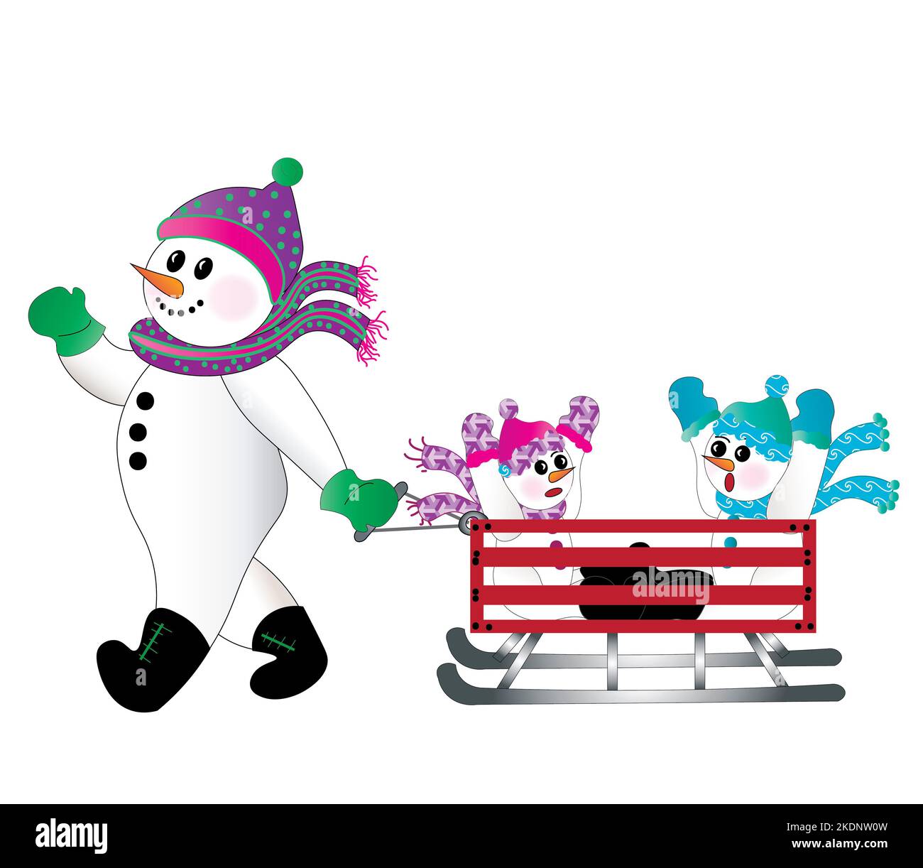 Fun vacances famille Snowman aller pour une promenade dans un traîneau à chariot rouge. Banque D'Images