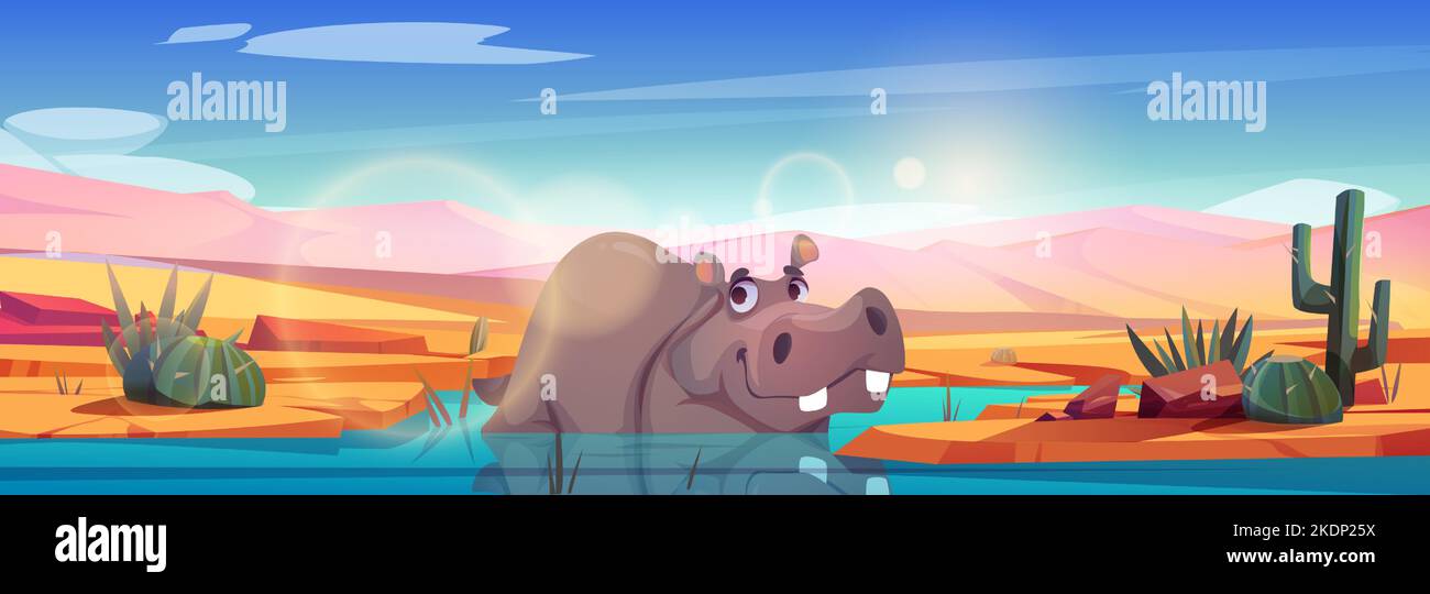 Drôle de dessin animé hippo couché dans l'eau. Illustration vectorielle de l'hippopotame nageant dans le lac sous un soleil éclatant brillant dans le ciel bleu, fond de désert de sable chaud. Animal heureux dans l'habitat naturel. Bannière Zoo Illustration de Vecteur