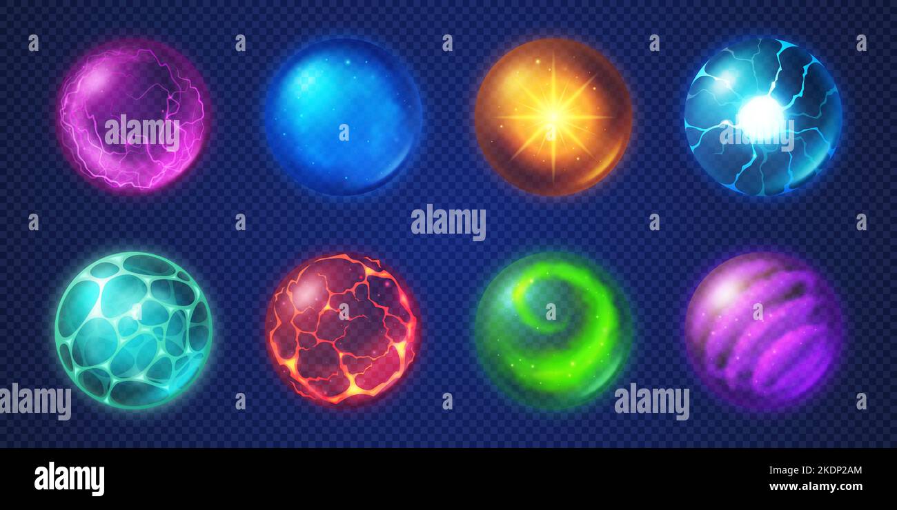 Ensemble de billes de cristal magique png isolées sur fond transparent. Illustration vectorielle de sphères de fortuneteller, globes de verre d'énergie de sorcière avec différents effets lumineux avec des couleurs de néon Illustration de Vecteur
