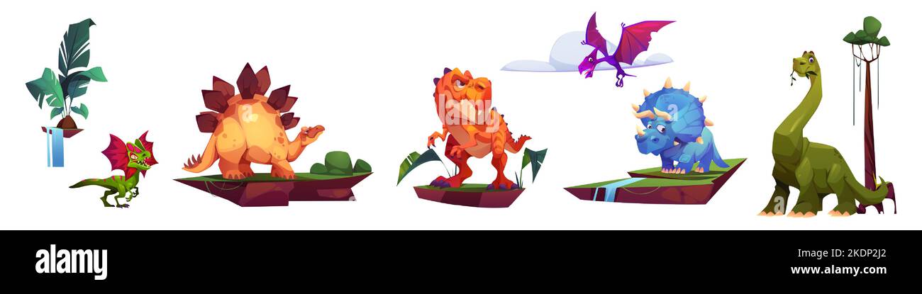 Ensemble isolé de personnages de dessin animé de dinosaure. Stegosaurus, tyrannosaurus, diplodocus et triceratops, pterodactyle, brachiosaurus ou velociraptor avec pterosaur jurassic animaux de l'époque Illustration vectorielle Illustration de Vecteur