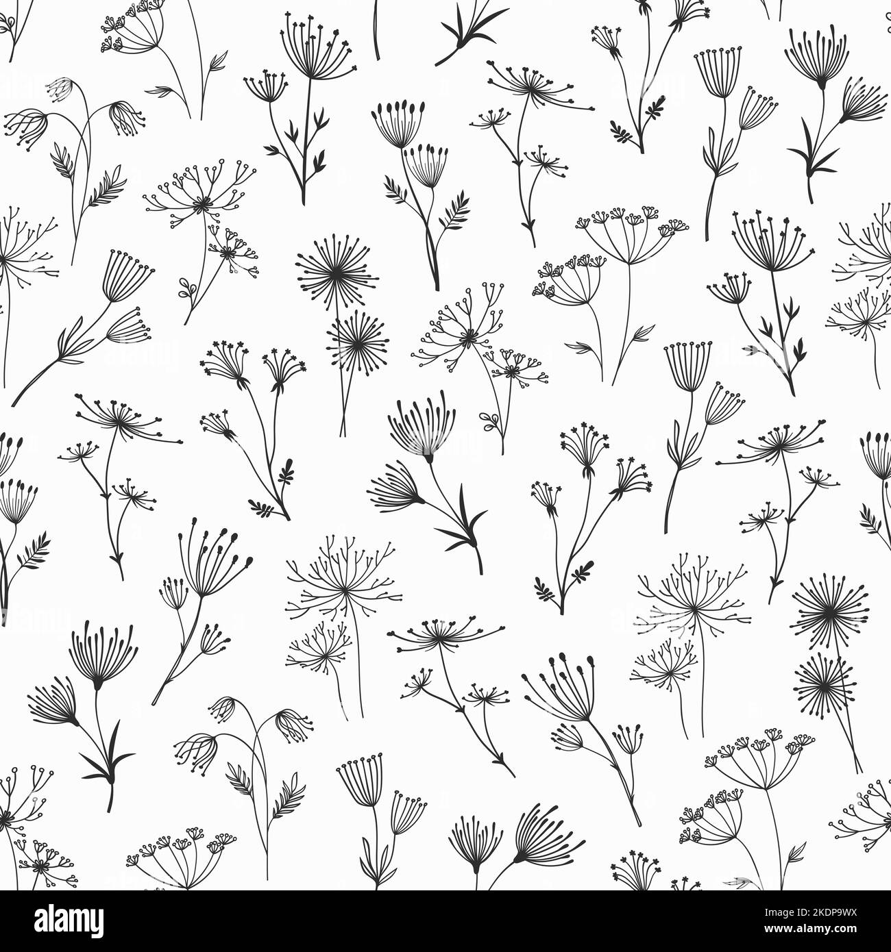 Contour des brindilles et des branches florales motif sans couture d'arrière-plan vectoriel de parapluie de fleur. Branches d'arbre ou de plante en forme de fleurs d'aneth ou de lavande Illustration de Vecteur