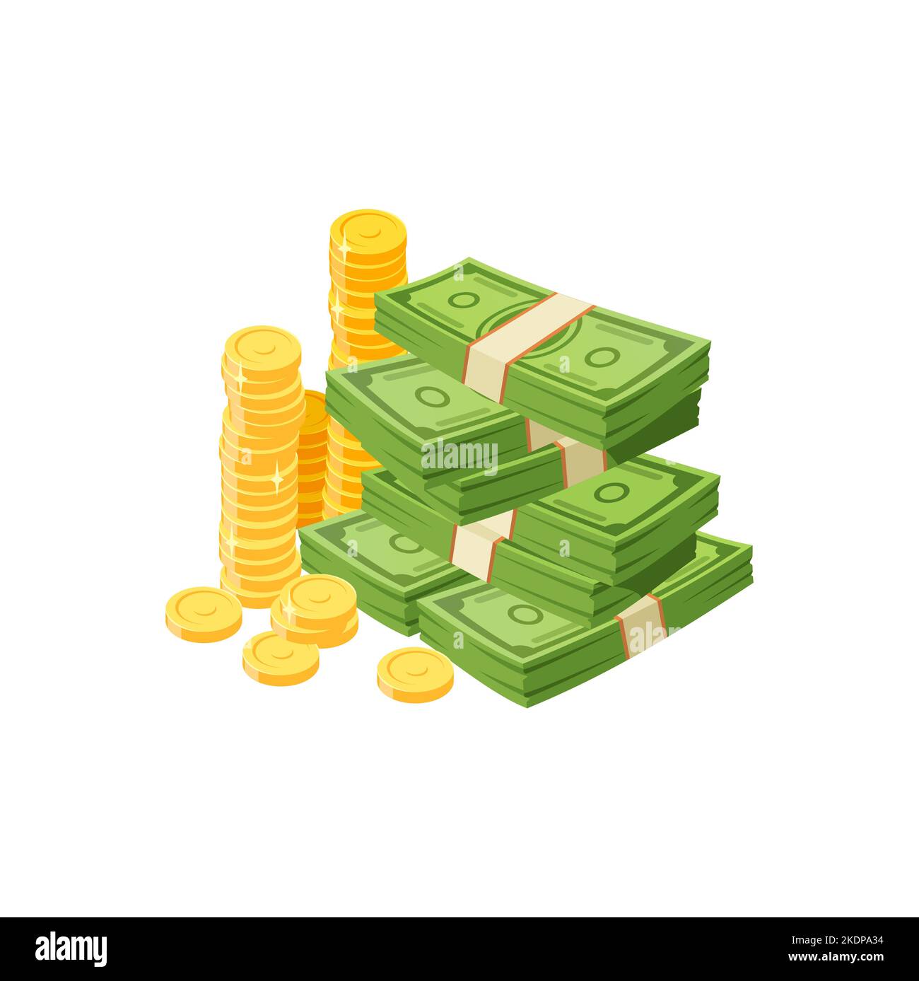Dessins animés billets d'argent en espèces et pièces d'or. Piles de dollars vectorielles vertes et piles d'or. Isolé riche, dépôt bancaire, rêve, paquets de factures, investissement, gains, trésor ou capital de jackpot Illustration de Vecteur
