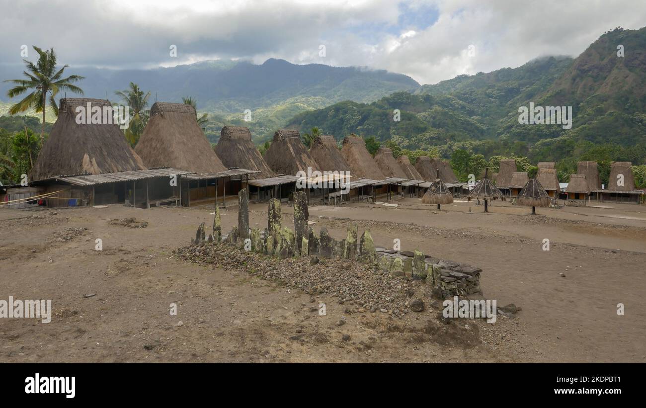 Vue panoramique du village traditionnel de Gurusina Ngada avec mégalithes en premier plan, près de Bajawa sur l'île de Flores, Nusa Tenggara est, Indonésie Banque D'Images