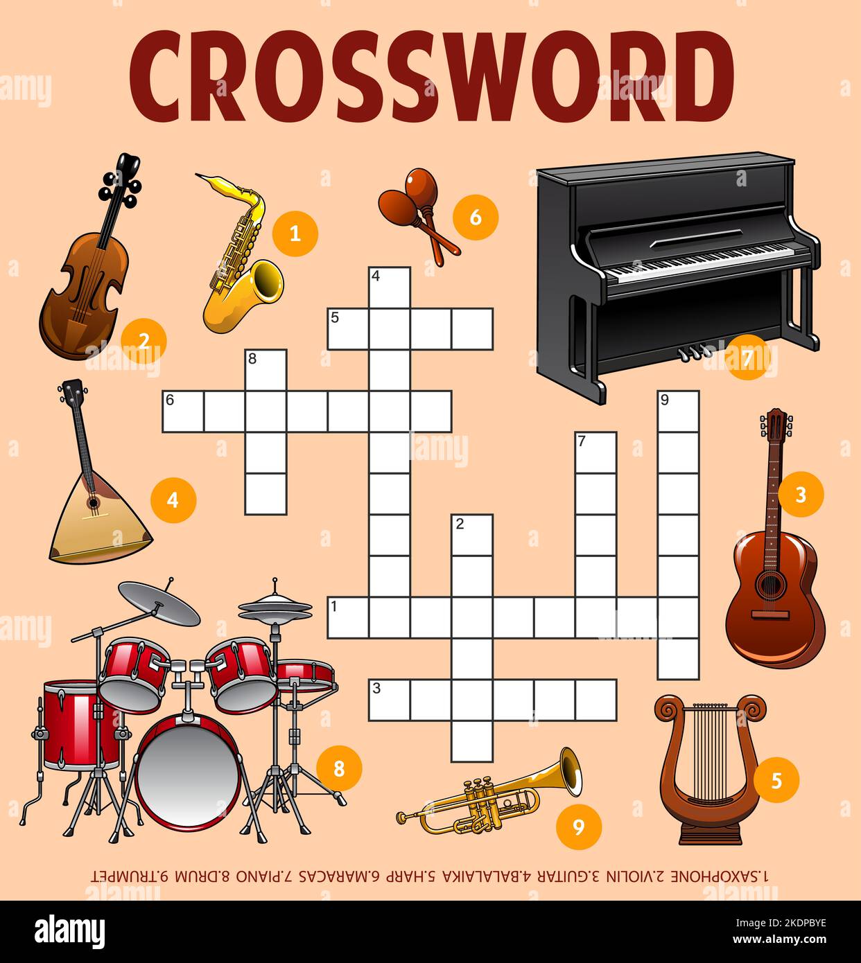 Instruments de musique. Feuille de calcul du puzzle à mots croisés. Jeu de mots, casse-mots croisés, énigme de vecteur de vocabulaire avec violon, saxophone et balalaika, tambour, trompette, lyre et guitare, piano, instruments maraca Illustration de Vecteur