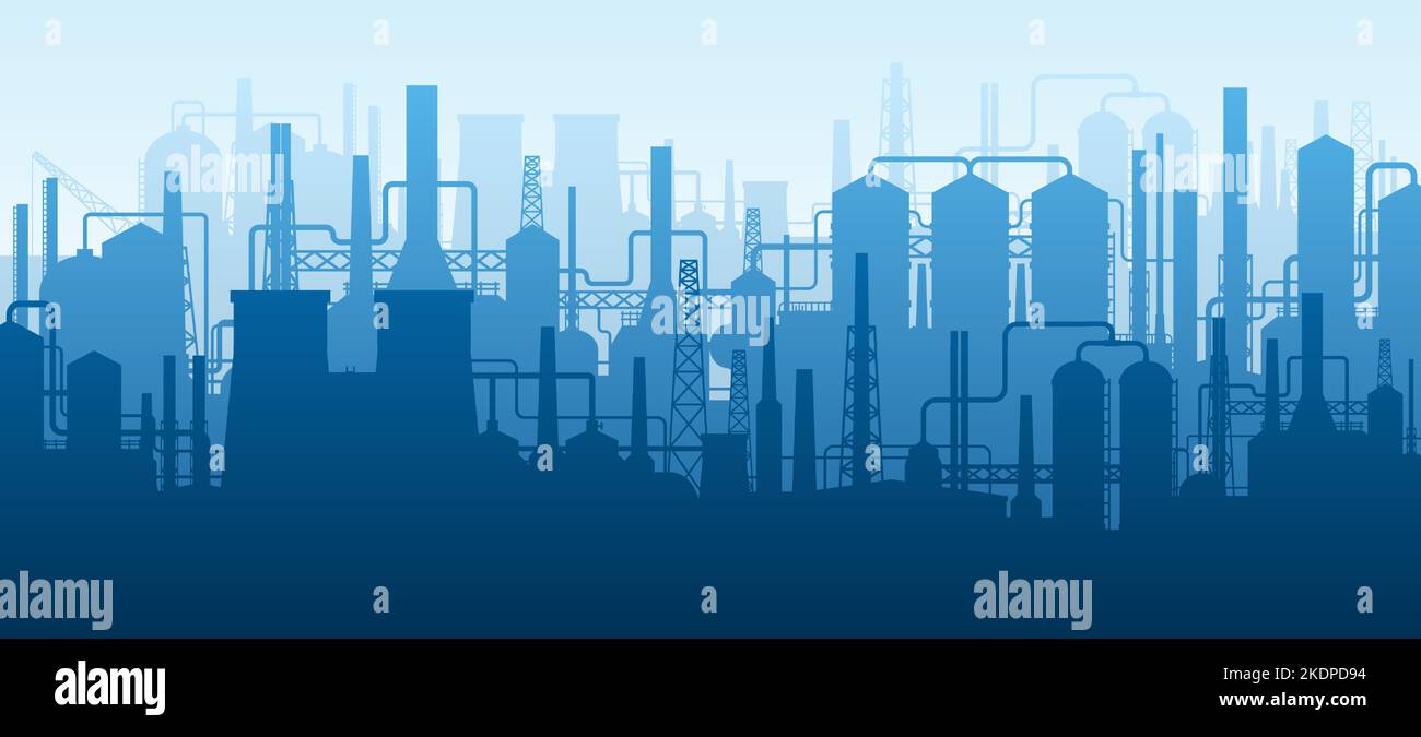 Silhouette industrielle panoramique. Les bâtiments d'usine de l'industrie pétrolière, complexe de raffinerie avec tuyaux et réservoirs arrière-plan paysage. Illustration vectorielle Illustration de Vecteur