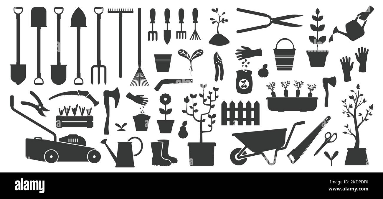 Outils de jardinage noirs. Silhouettes d'instruments de jardin plat, équipement agricole village ciseaux pelle hache rake pelle pot. Ensemble simple vectoriel Illustration de Vecteur