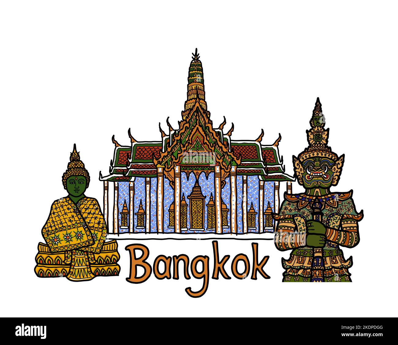 Wat Phra Kaew, le Grand Palais avec Bouddha d'Emeraude et le géant de Yaksha. Temple bouddhiste thaïlandais et destinations de voyage à Bangkok, Thaïlande. Vecteur. Illustration de Vecteur