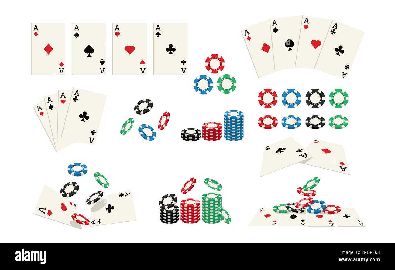 Jeu de cartes et jetons. Jeux de casino pièces de jeu, as cœurs et spades, clubs et diamants poker roulette chanceux pari style de dessin animé. Ensemble de vecteurs Illustration de Vecteur